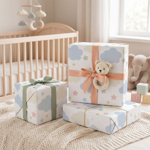 Pastellwolken und Sterne Baby Shower Geschenkpapier