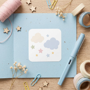 Pastellwolken und Sterne Baby Shower Quadratischer Aufkleber