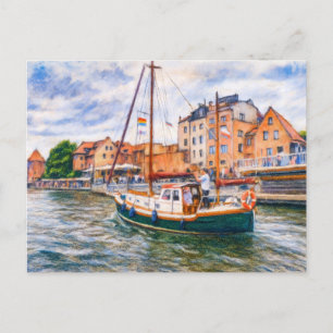 Pastellzeichnung eines Segelboots auf der Motlawa Feiertagspostkarte