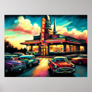Pastellzeichnung Vintage-Diner und Autos Poster