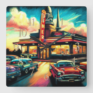 Pastellzeichnung Vintage-Diner und Autos Quadratische Wanduhr