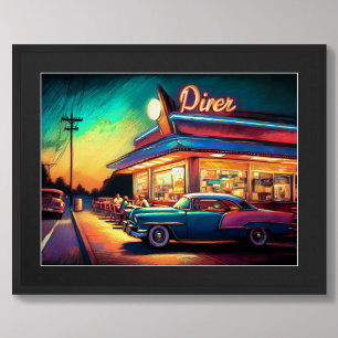 Pastellzeichnung Vintage Roadside Diner und Auto Poster