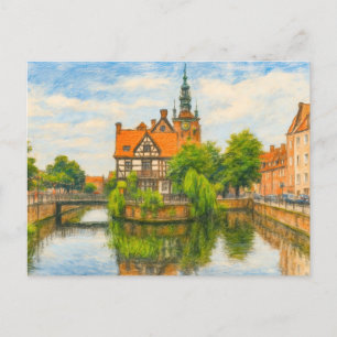Pastellzeichnung von Danzigs alter Mühle am Radaun Feiertagspostkarte