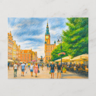 Pastellzeichnung von Danzigs Langer Markt mit Kirc Feiertagspostkarte
