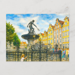 Pastellzeichnung von Danzigs Neptunbrunnen auf der Feiertagspostkarte