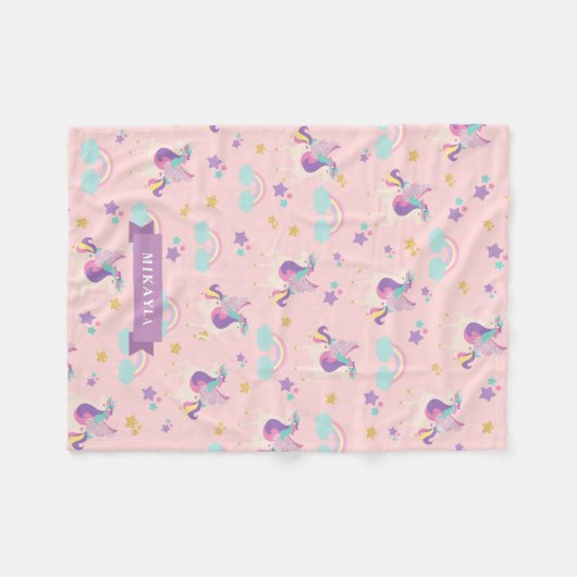 Pastelpink | Niedliches Regenbogen-Einhornmuster Fleecedecke (Vorderseite (Horizontal))