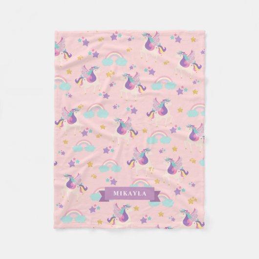 Pastelpink | Niedliches Regenbogen-Einhornmuster Fleecedecke (Vorderseite)