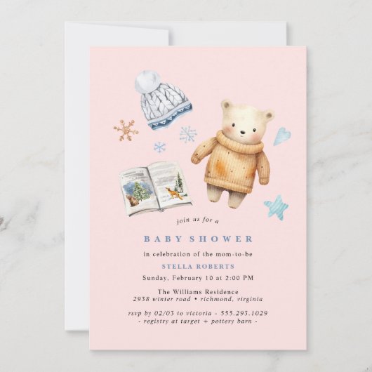 Pastelpink | Polar Bear Winter Girl Babydusche Einladung (Vorderseite)