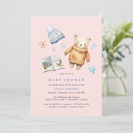 Pastelpink | Polar Bear Winter Girl Babydusche Einladung (Stehend Vorderseite)