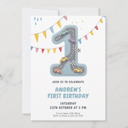Pastelrace Track Erster Geburtstag Einladung (Vorderseite)