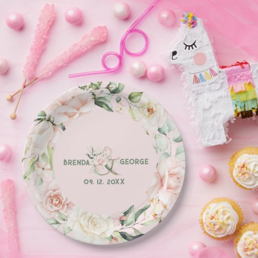 Pastelrosa Rosen Wasserfarbenkranz Pappteller (Party)
