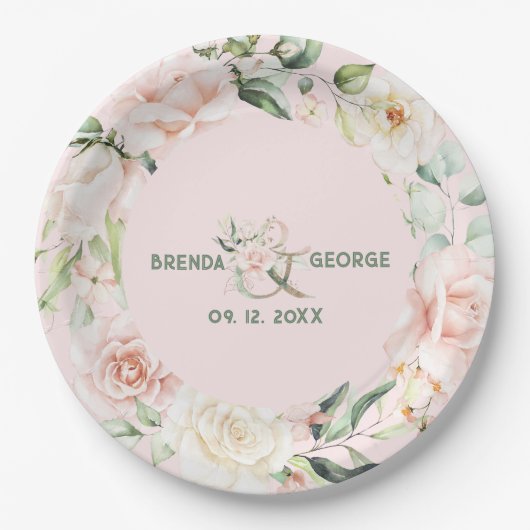 Pastelrosa Rosen Wasserfarbenkranz Pappteller (Vorderseite)