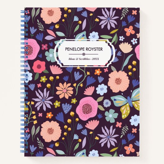 Pastels & Dark Plum Floral Pattern Name Notebook Notizblock (Vorderseite)