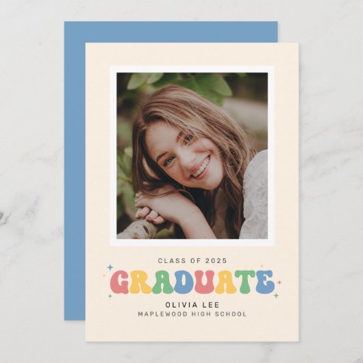 Pastels Groovy Retro Foto Abschluss Ankündigung (Vorne/Hinten)