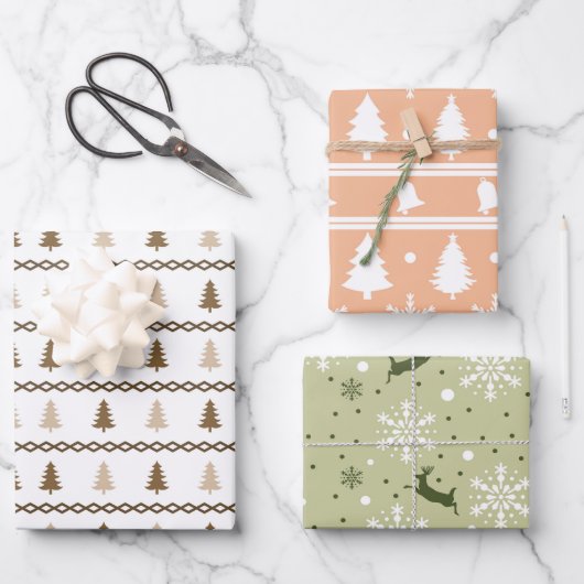 Pastels Grün weiße Weihnachtsbaum Schneeflocken Se Geschenkpapier Set (Vorderseite)