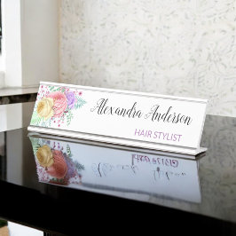 Pastete Floral Wasserfarbe Rosa Lila Gelb Schreibtischnamensplakette