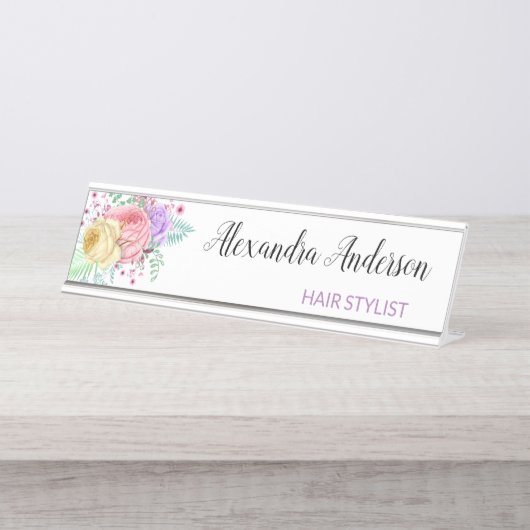 Pastete Floral Wasserfarbe Rosa Lila Gelb Schreibtischnamensplakette (Vorderseite )