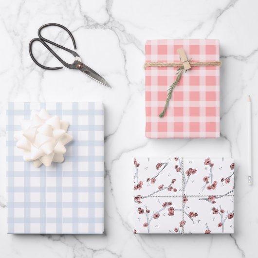 Pastete Frühling blau und rosa Tartan und Sakura Geschenkpapier Set (Vorderseite)