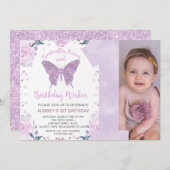 Pastete Lila Glitzer Foto Butterfly 1. Geburtstag Einladung (Vorne/Hinten)