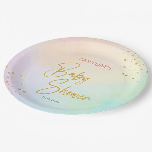 Pastete Regenbogenfarben Babydusche bedruckt Pappteller (Schrägansicht)