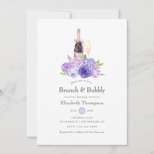 Pastete Violett Blumenbrunch & Bubbly Brautparty Einladung (Vorderseite)
