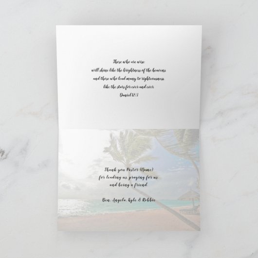 Pastor Appreciation Tropical Beach Scripture Card Dankeskarte (Innenseite)