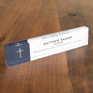 Pastor Moderne Minimal Kreuzschrift Navy Namensplakette