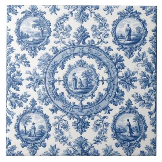 Pastoral Countryside Rural Folks French Toile Blue Fliese (Vorderseite)