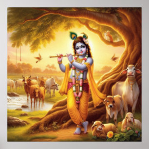 Pastoral Golden Serene Krishna Flute Szene Art Poster
