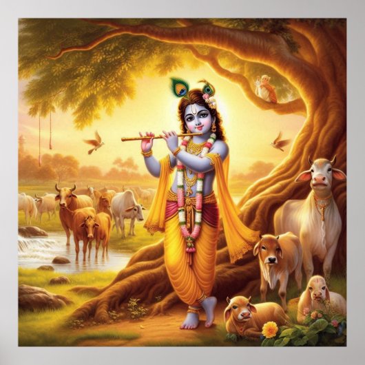Pastoral Golden Serene Krishna Flute Szene Art Poster (Vorne)
