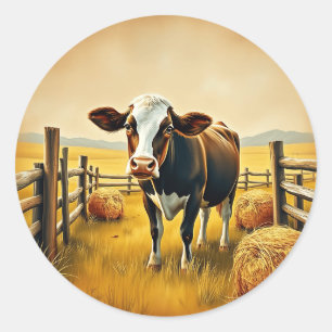 Pastoralkuh mit Hay Bales Runder Aufkleber