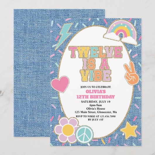 Patch Denim Twelve is a Vibe 12th Birthday Einladung (Vorne/Hinten)