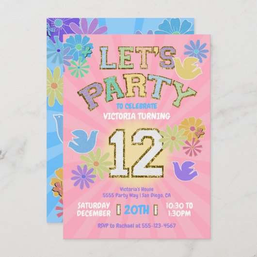 Patch Letter Birthday Party Retro Preppy Hippie Einladung (Vorne/Hinten)