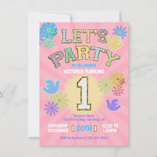 Patch Letter Birthday Party Retro Preppy Hippie Einladung (Vorderseite)