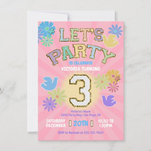 Patch Letter Birthday Party Retro Preppy Hippie Einladung (Vorderseite)