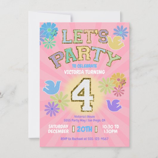 Patch Letter Birthday Party Retro Preppy Hippie Einladung (Vorderseite)