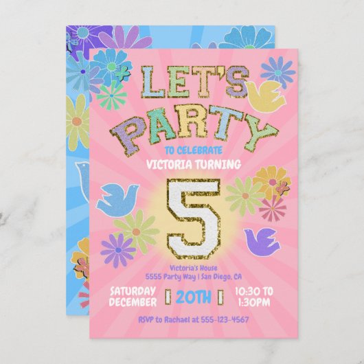 Patch Letter Birthday Party Retro Preppy Hippie Einladung (Vorne/Hinten)