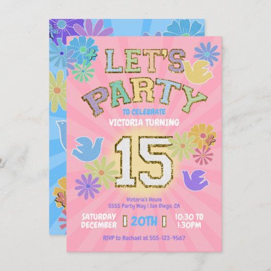 Patch Letter Birthday Party Retro Preppy Hippie Einladung (Vorne/Hinten)