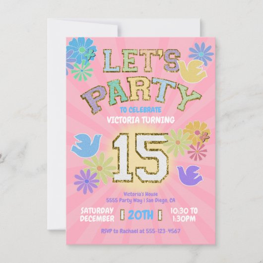 Patch Letter Birthday Party Retro Preppy Hippie Einladung (Vorderseite)