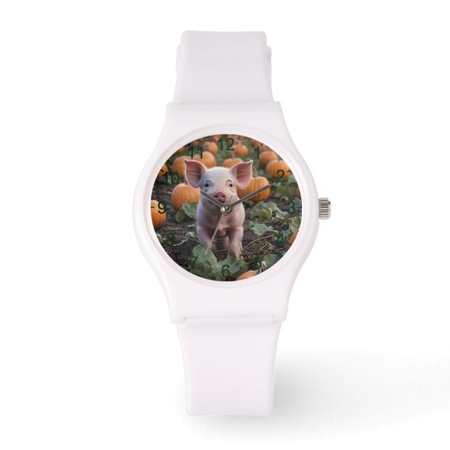 **"Patch of Joy: A Happy Baby Pig Under Pumpkins"* Armbanduhr (Vorderseite)