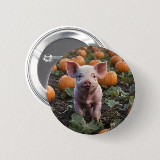 **"Patch of Joy: A Happy Baby Pig Under Pumpkins"* Button (Vorne & Hinten)