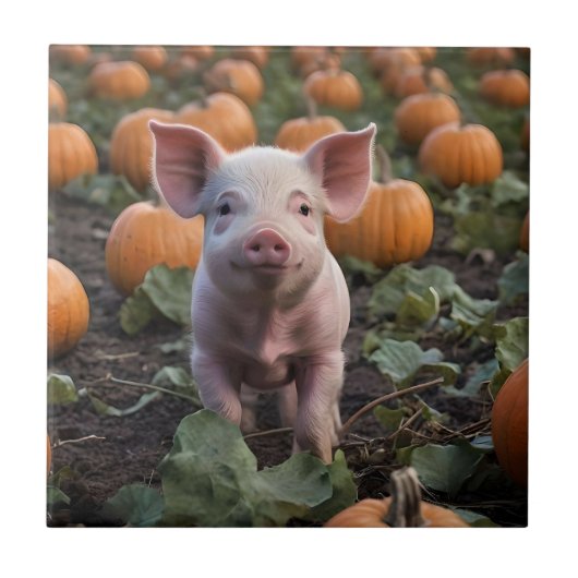 **"Patch of Joy: A Happy Baby Pig Under Pumpkins"* Fliese (Vorderseite)
