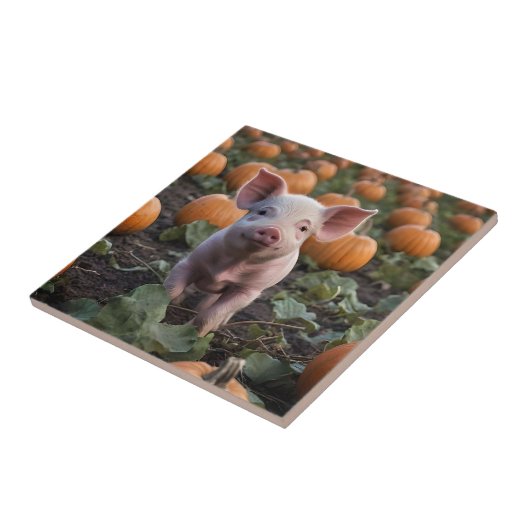 **"Patch of Joy: A Happy Baby Pig Under Pumpkins"* Fliese (Seite)