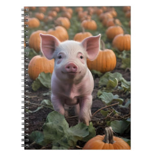 **"Patch of Joy: A Happy Baby Pig Under Pumpkins"* Notizblock