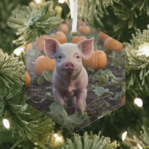 **"Patch of Joy: A Happy Baby Pig Under Pumpkins"* Ornament Aus Glas