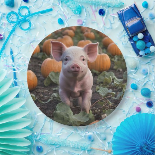 **"Patch of Joy: A Happy Baby Pig Under Pumpkins"* Pappteller (Party)