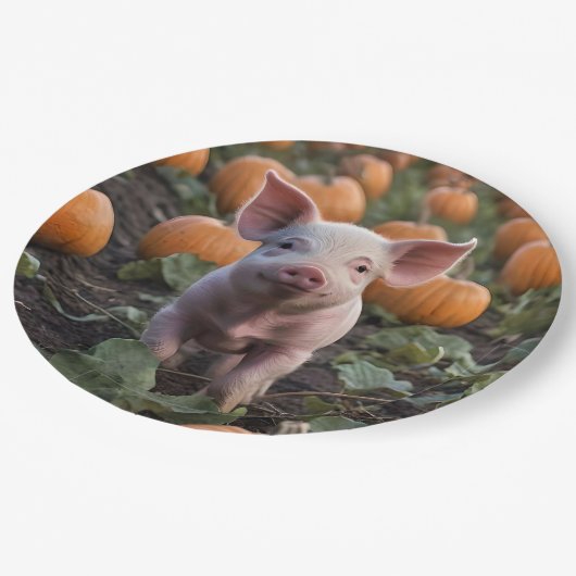 **"Patch of Joy: A Happy Baby Pig Under Pumpkins"* Pappteller (Schrägansicht)