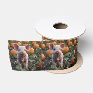 **"Patch of Joy: A Happy Baby Pig Under Pumpkins"* Satinband