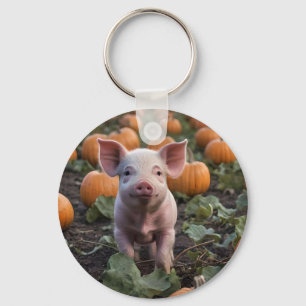 **"Patch of Joy: A Happy Baby Pig Under Pumpkins"* Schlüsselanhänger