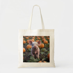**"Patch of Joy: A Happy Baby Pig Under Pumpkins"* Tragetasche